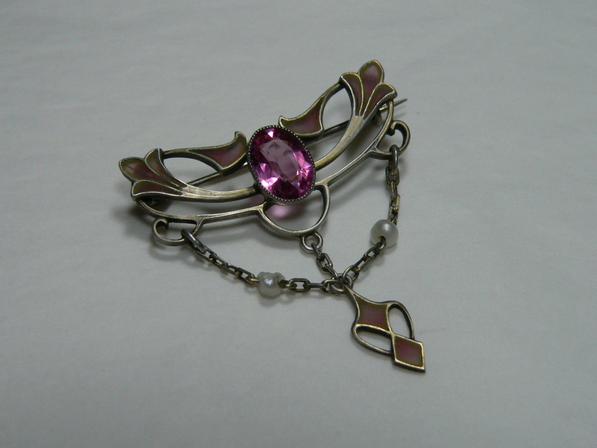 Broche Art Nouveau En Vermeil, Perle Et Email Plique A Jour-photo-8