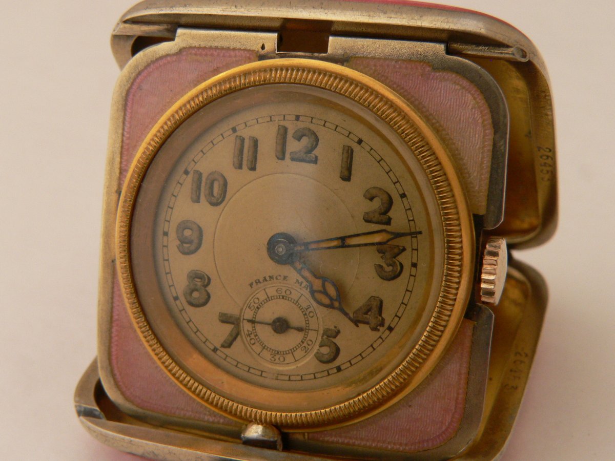 Mechanical Travel Watch In Sterling Silver, Enamelled Vermeil Circa 1900-photo-3