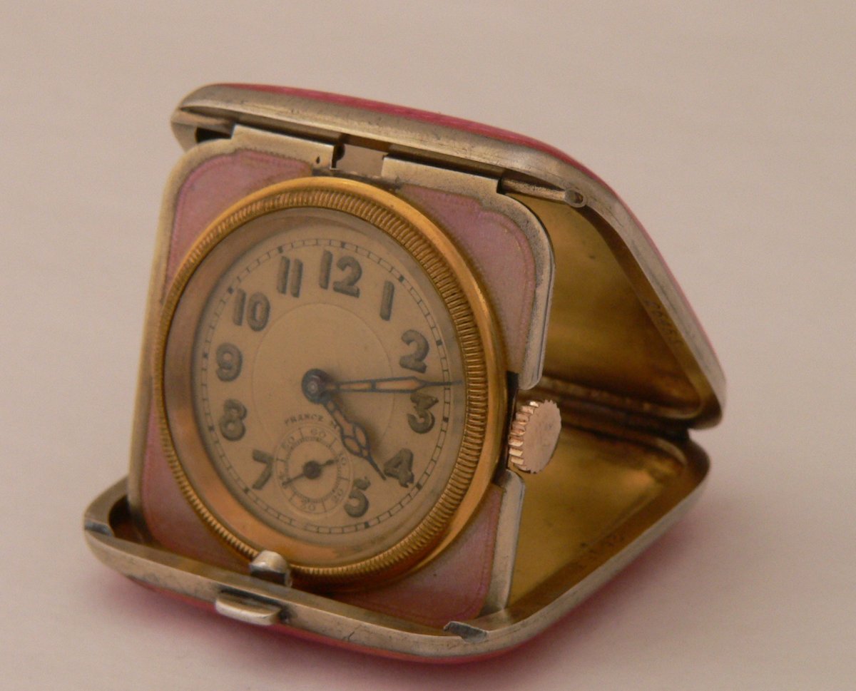 Mechanical Travel Watch In Sterling Silver, Enamelled Vermeil Circa 1900