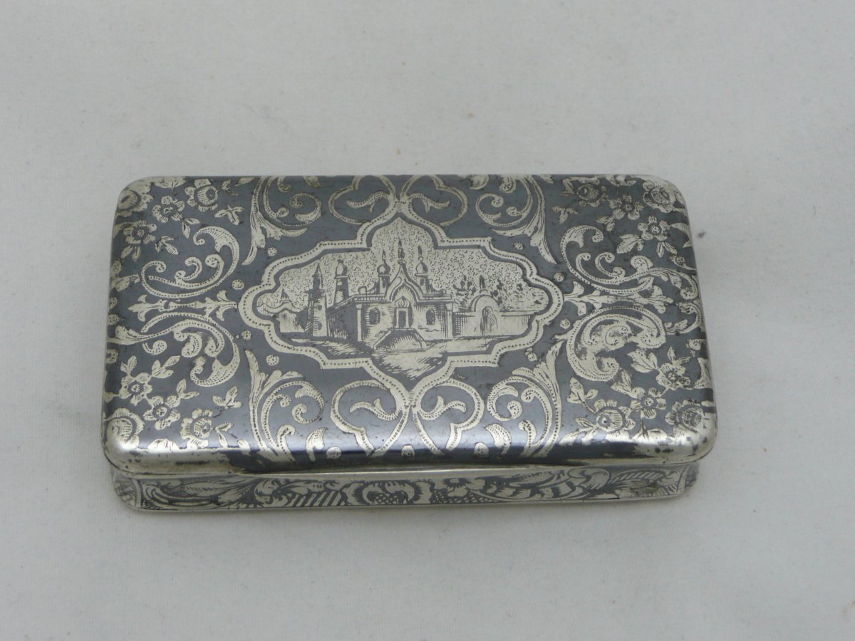 Boite Tabatière En Argent Massif Niellé Et Vermeil Paysage Russe XIXe Siècle