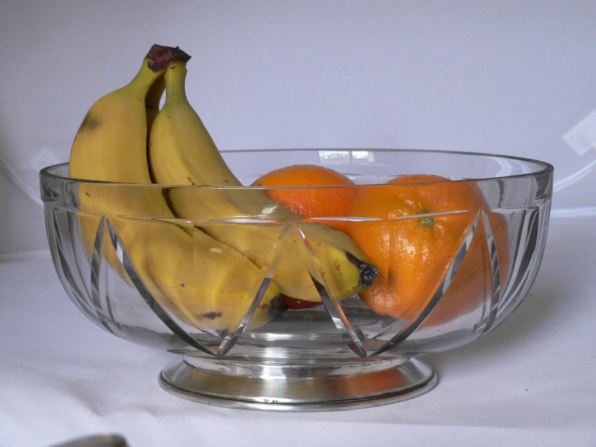 Coupe A Fruit centre de table Ovale Cristal Taillé Art Déco, Le Pied Douche En Argent Massif-photo-1