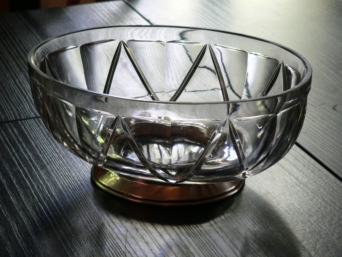 Fruit Bowl Centerpiece Oval Cut Crystal Art Deco, Shower Foot In Sterling Silver-photo-2