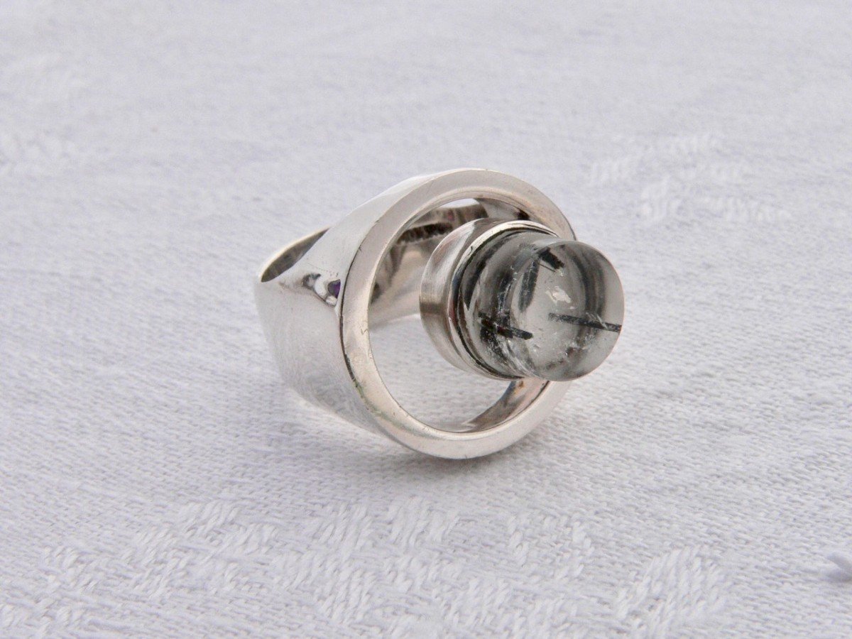 Rutilated Quartz Sterling Silver Ring, Claude Momiron 70's Twentieth Design Artist's Jewel-photo-3