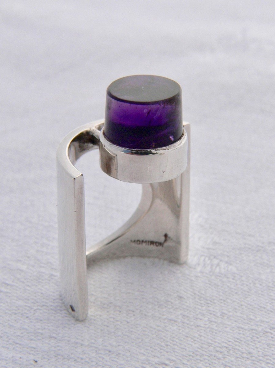 Sterling Silver And Amethyst Artist Jewelery Ring Design Claude Momiron Circa 1970-photo-2