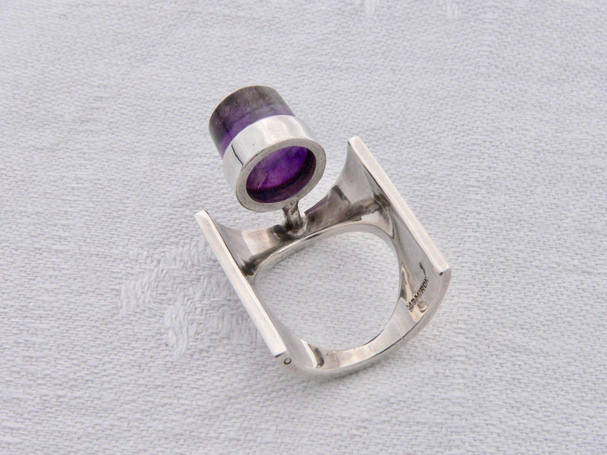 Sterling Silver And Amethyst Artist Jewelery Ring Design Claude Momiron Circa 1970-photo-3