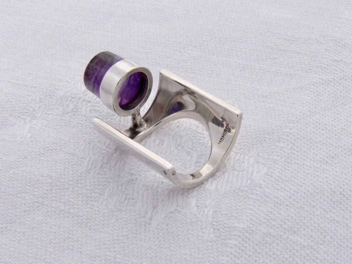 Sterling Silver And Amethyst Artist Jewelery Ring Design Claude Momiron Circa 1970-photo-4