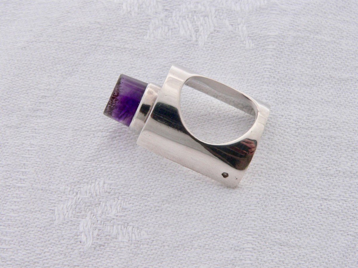 Sterling Silver And Amethyst Artist Jewelery Ring Design Claude Momiron Circa 1970-photo-1