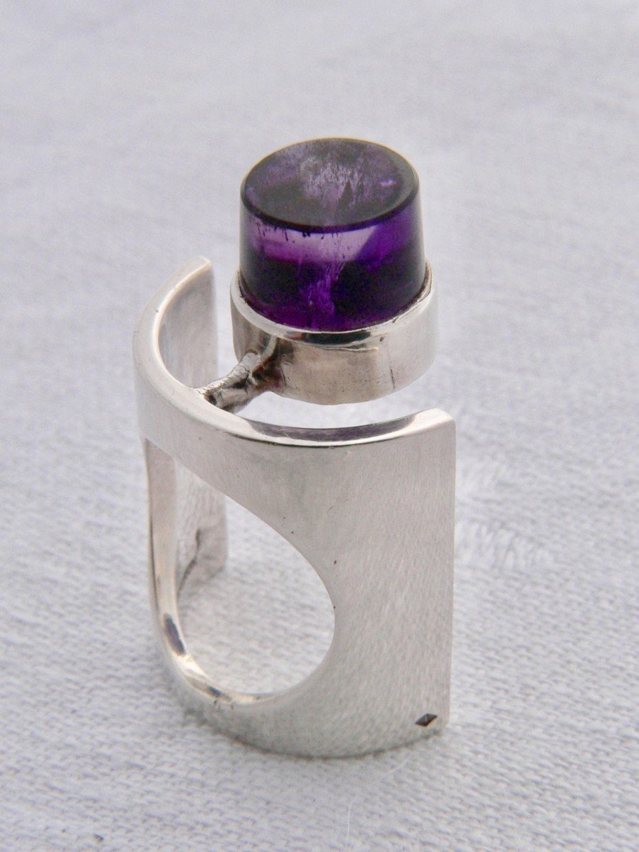 Sterling Silver And Amethyst Artist Jewelery Ring Design Claude Momiron Circa 1970-photo-2