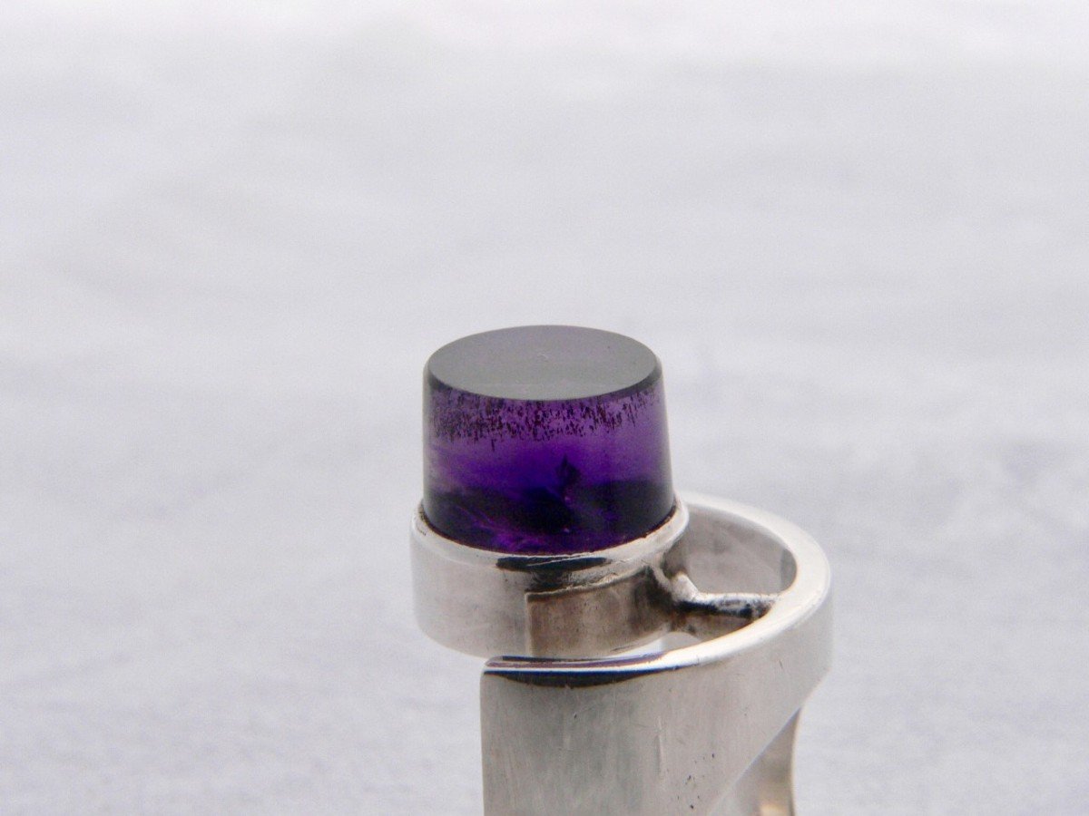 Sterling Silver And Amethyst Artist Jewelery Ring Design Claude Momiron Circa 1970-photo-3