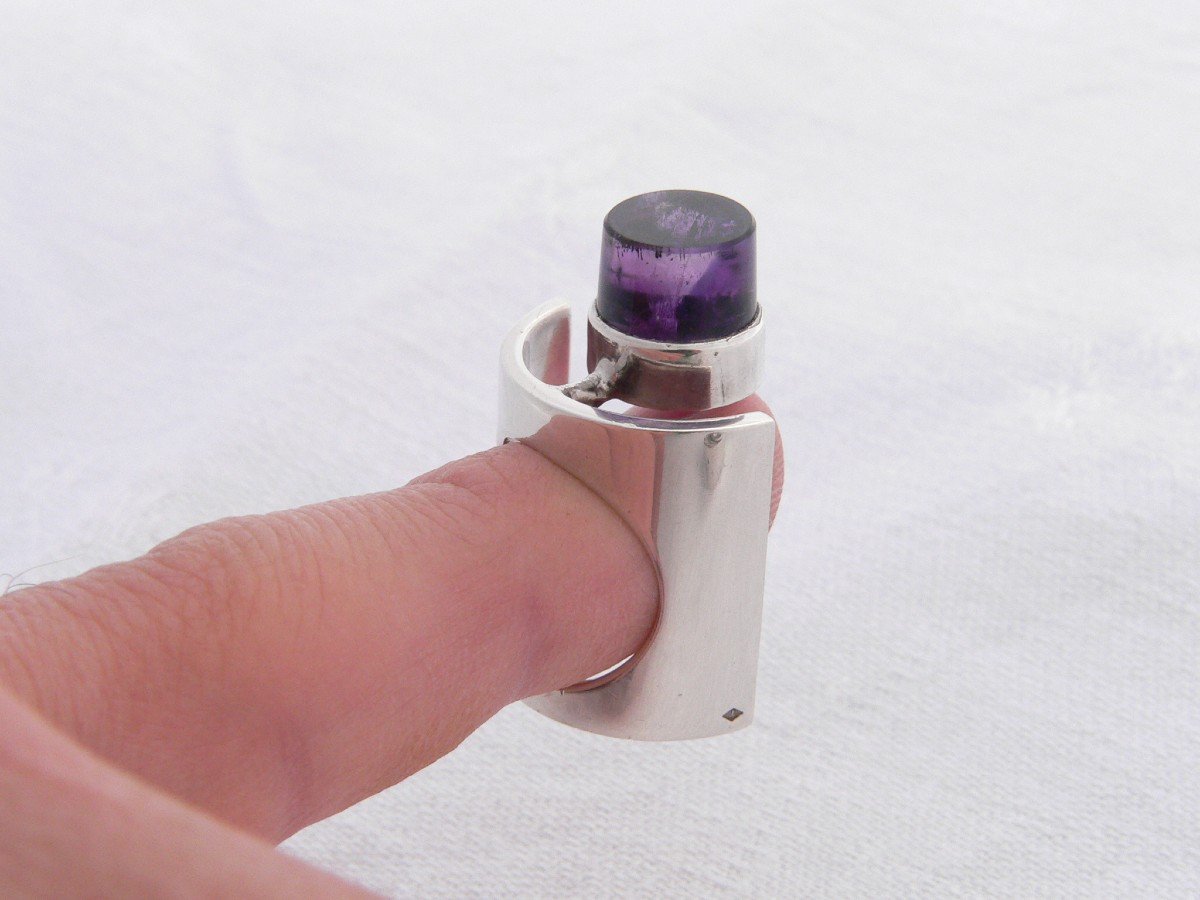 Sterling Silver And Amethyst Artist Jewelery Ring Design Claude Momiron Circa 1970-photo-5