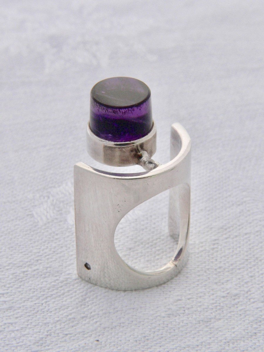 Sterling Silver And Amethyst Artist Jewelery Ring Design Claude Momiron Circa 1970
