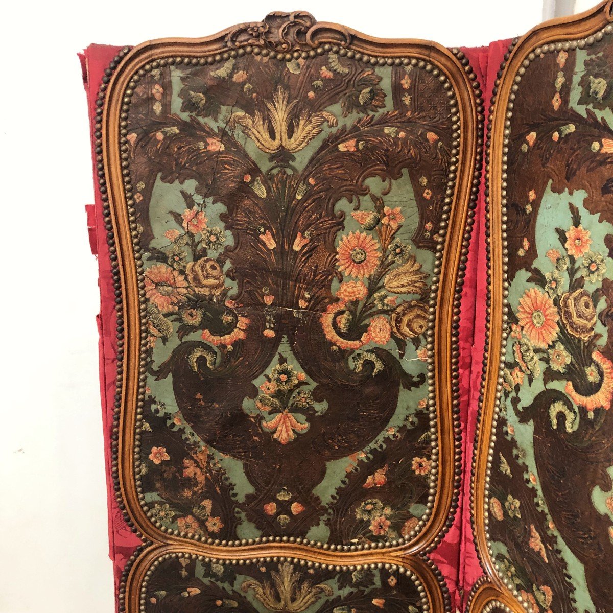 Polychrome Embossed Leather Screen, Partly 18th Century-photo-4