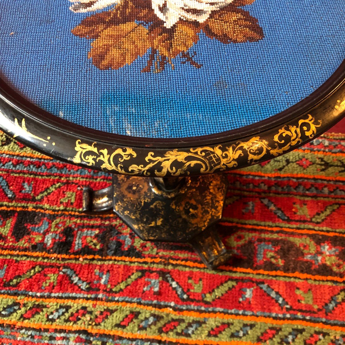 Pedestal Table With Beaded Embroidery, Napoleon III Period-photo-3