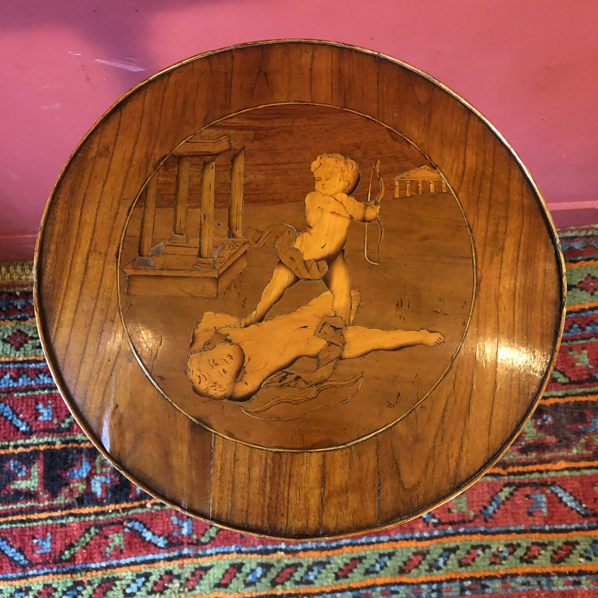 Inlaid Pedestal Table With Putti, Late 19th Century-photo-2