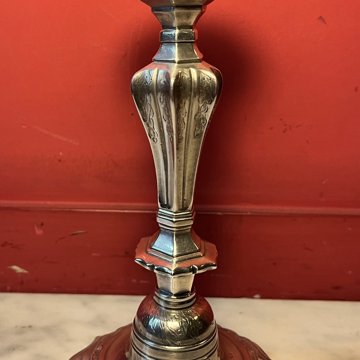 Pair Of Guilloché Candlesticks, Early Louis XV Period-photo-1