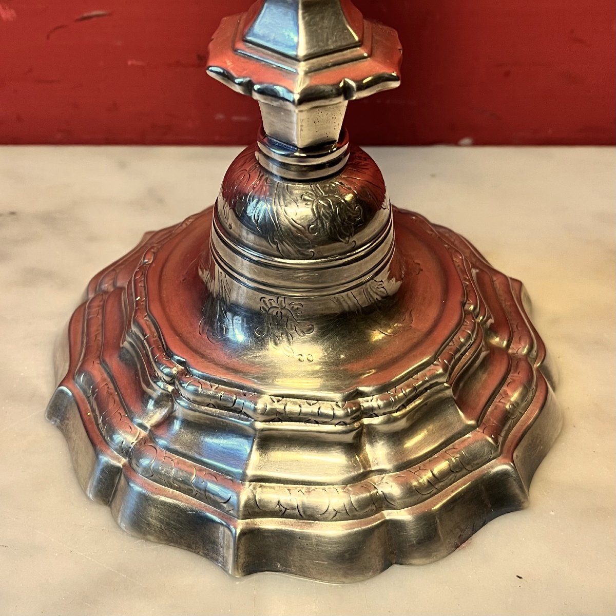 Pair Of Guilloché Candlesticks, Early Louis XV Period-photo-2