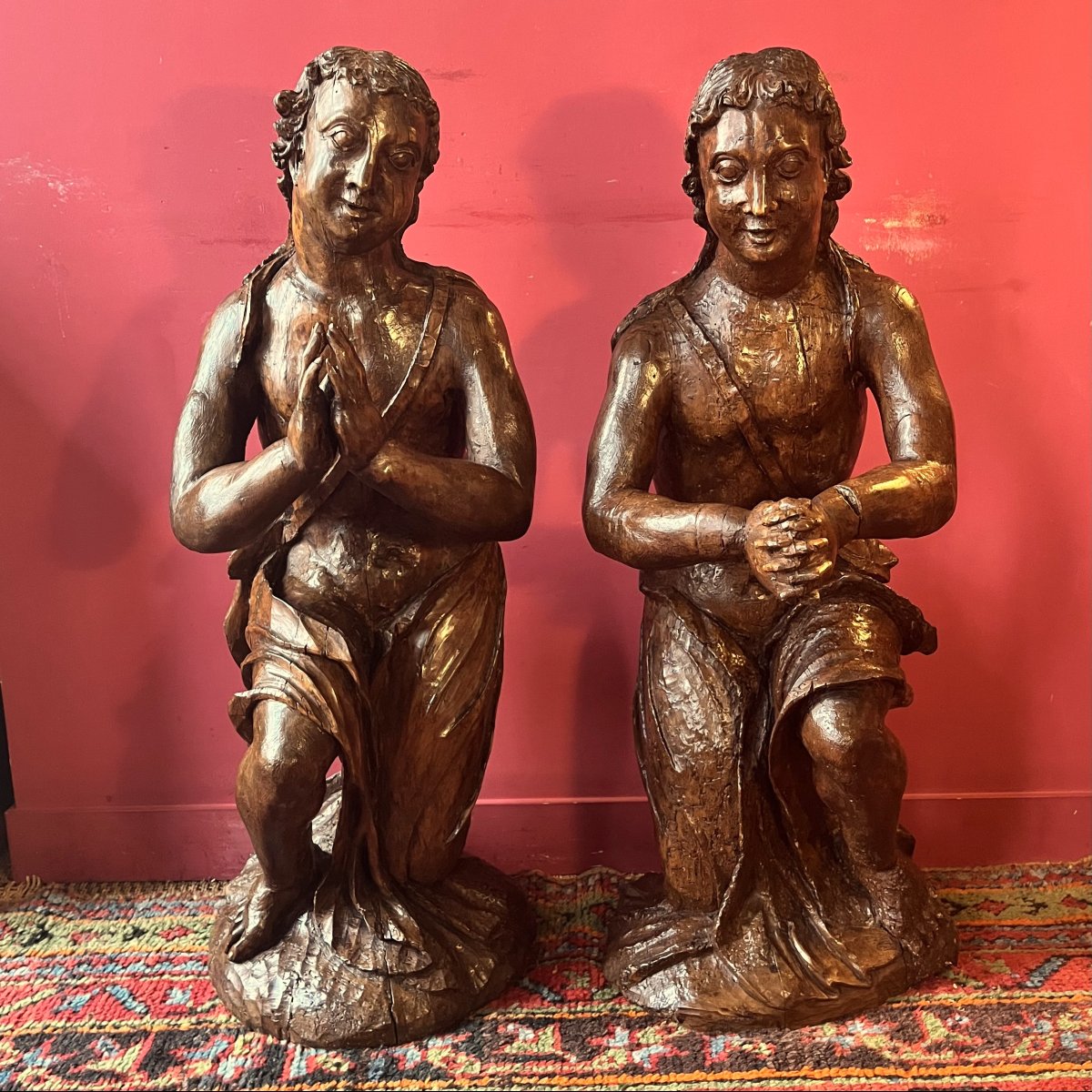 Pair Of Large Angels In Prayer, Late 17th Century (95 Cm)-photo-2