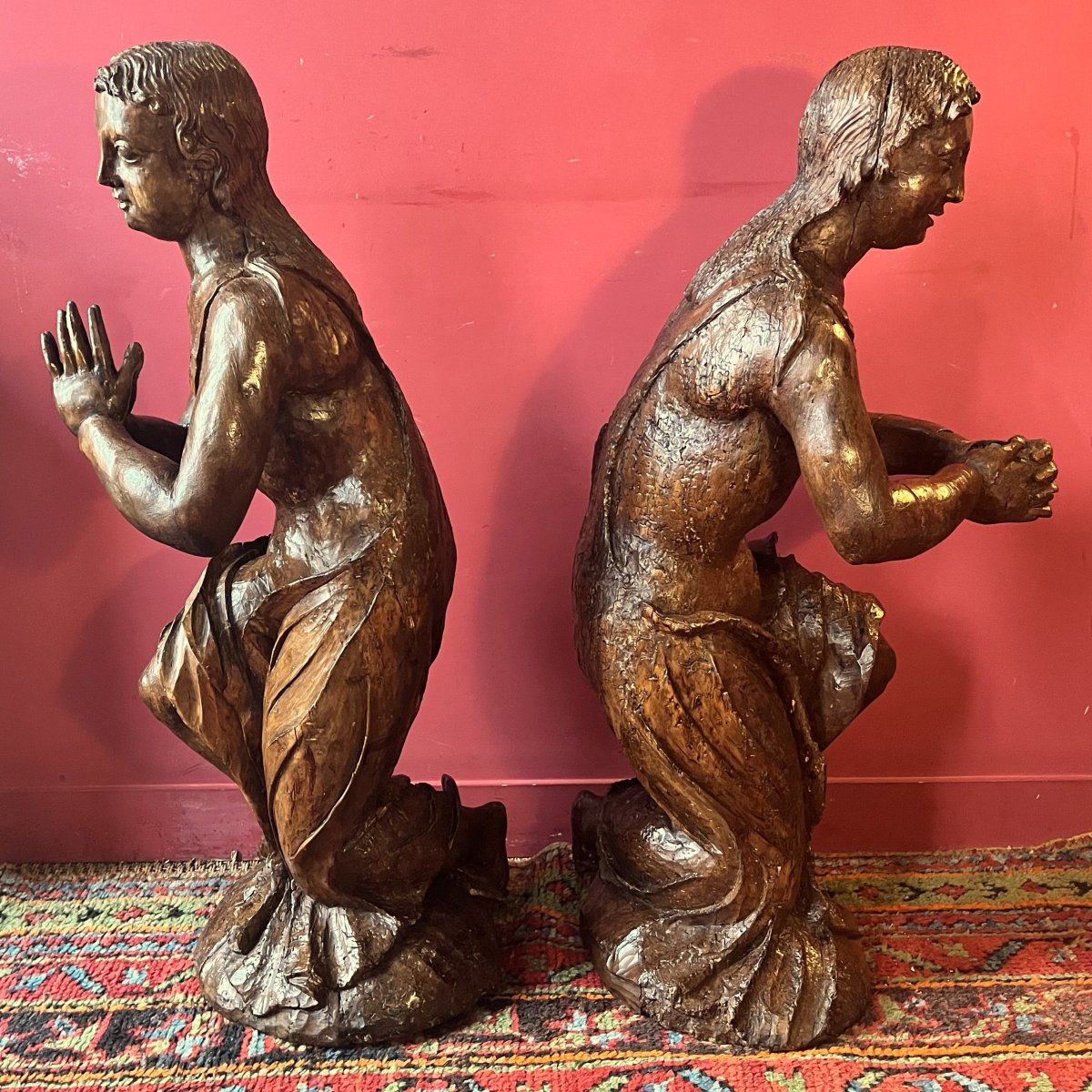 Pair Of Large Angels In Prayer, Late 17th Century (95 Cm)-photo-3