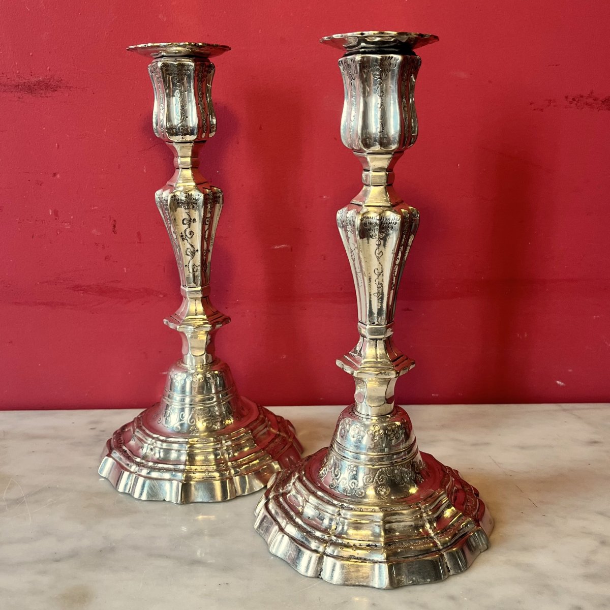 Pair Of Guilloché Candlesticks, Louis XV Period