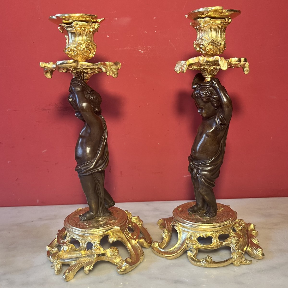Paire de bougeoirs aux putti, époque Napoléon III-photo-2