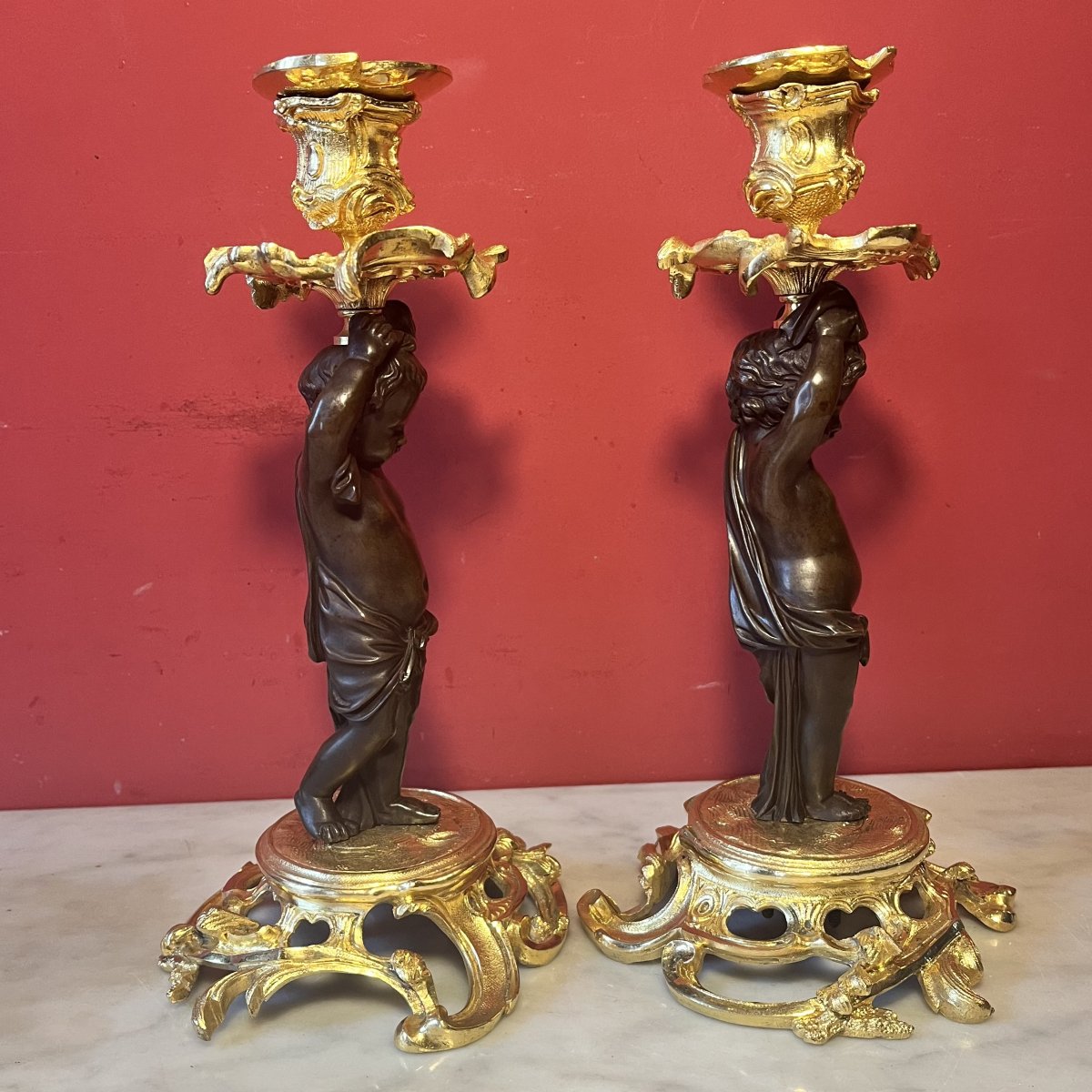 Paire de bougeoirs aux putti, époque Napoléon III-photo-4