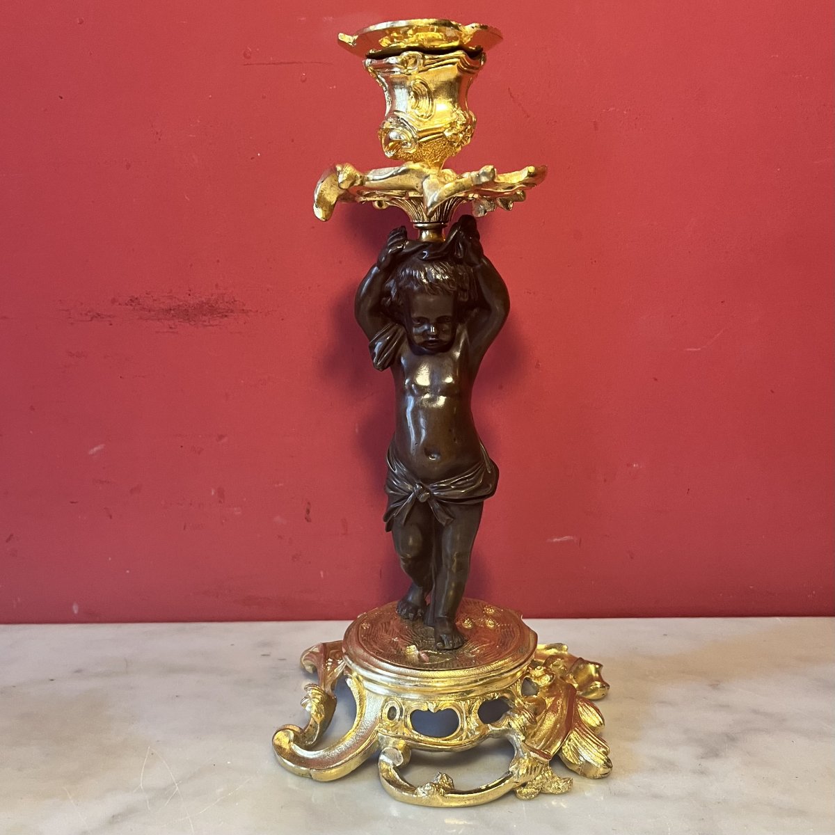 Paire de bougeoirs aux putti, époque Napoléon III-photo-1