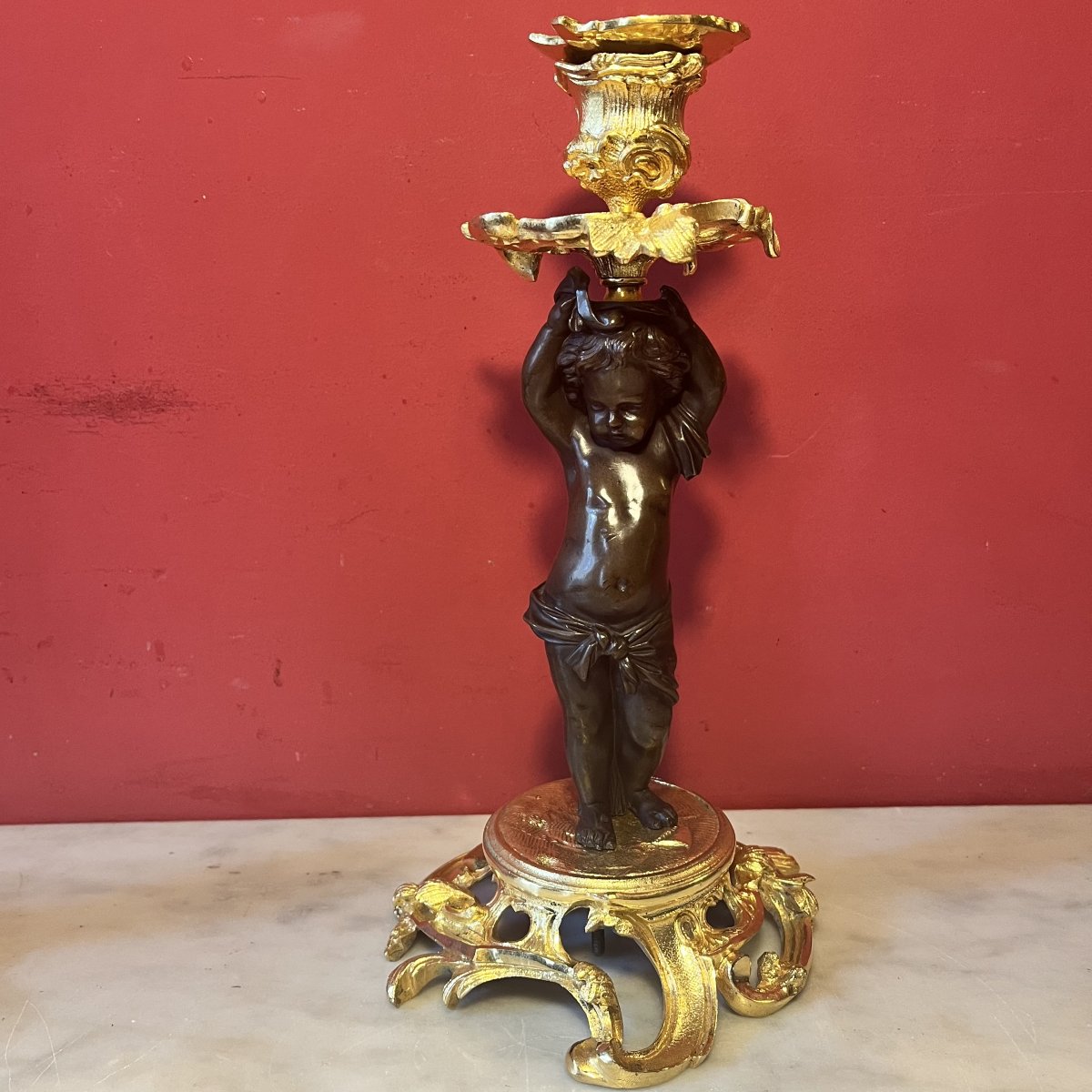Paire de bougeoirs aux putti, époque Napoléon III-photo-2