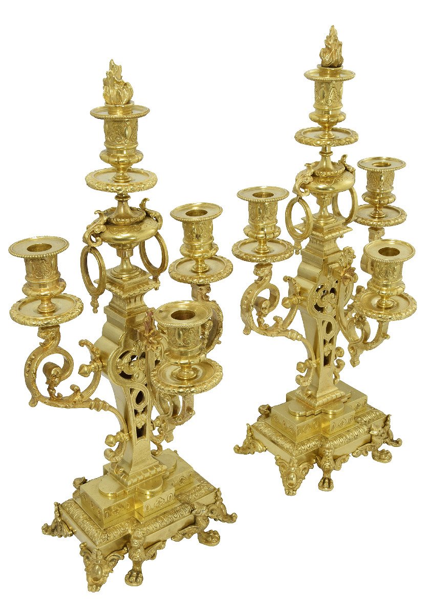 Clock And Candlestick Gilt Bronze Neoclassical-photo-4