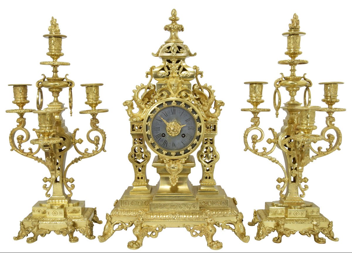 Clock And Candlestick Gilt Bronze Neoclassical