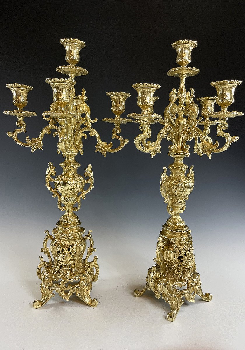 Clock And Candlestick Gilt Bronze Louis XV-photo-2