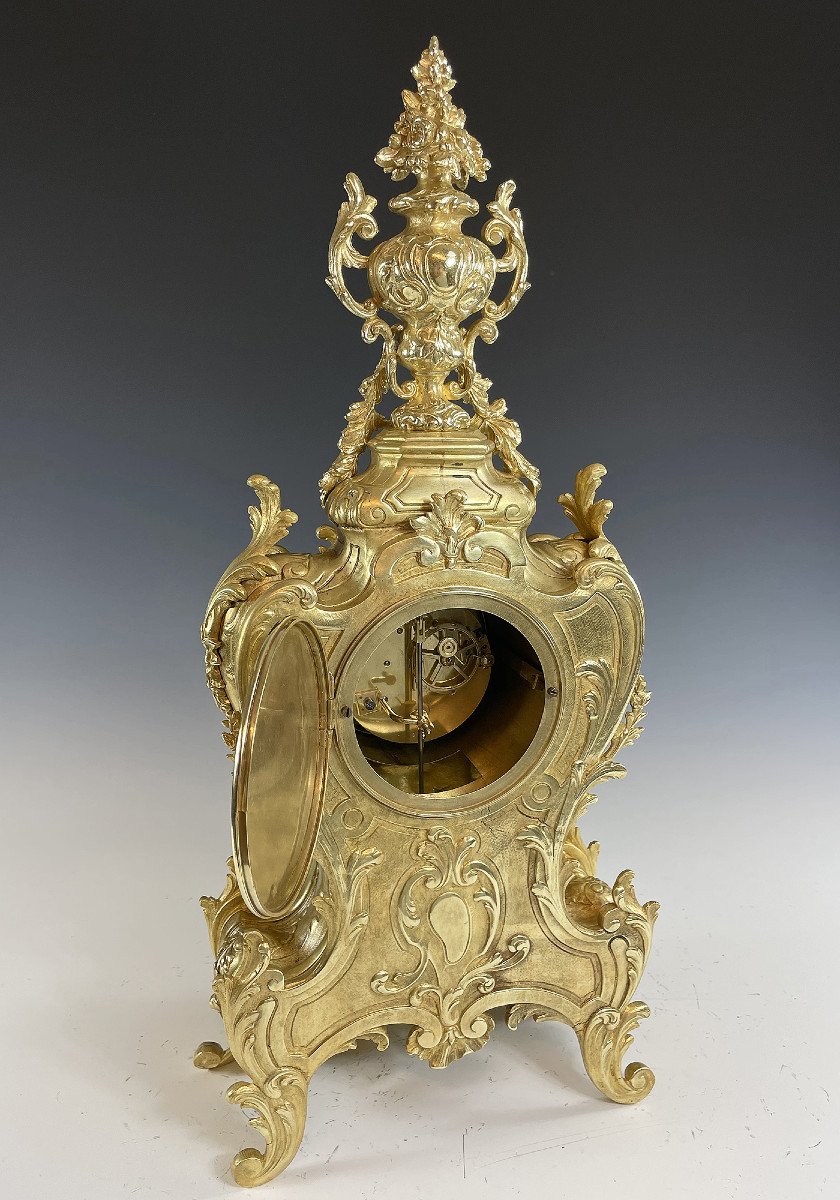 Clock And Candlestick Gilt Bronze Louis XV-photo-4