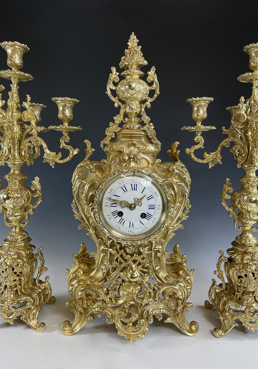 Clock And Candlestick Gilt Bronze Louis XV