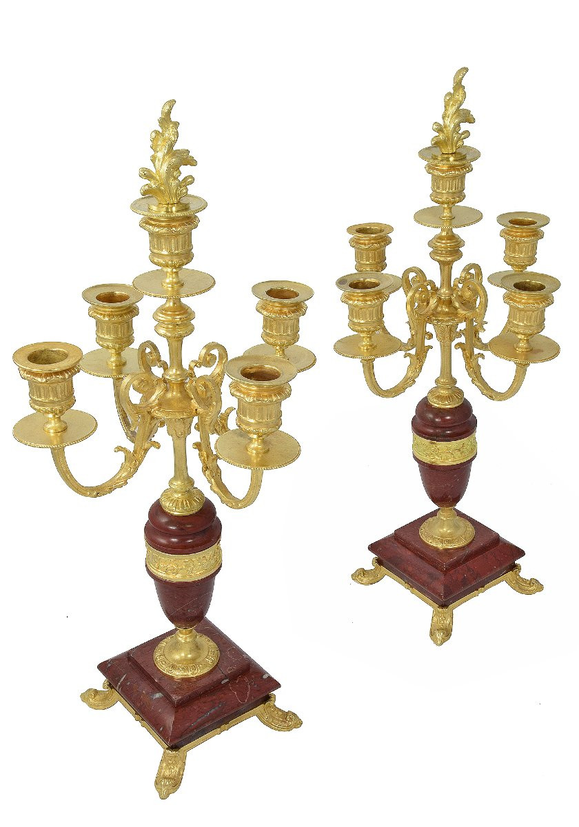 Candlestick Gilded Bronze And Red Marble XIXème-photo-2