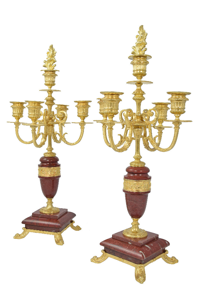Candlestick Gilded Bronze And Red Marble XIXème