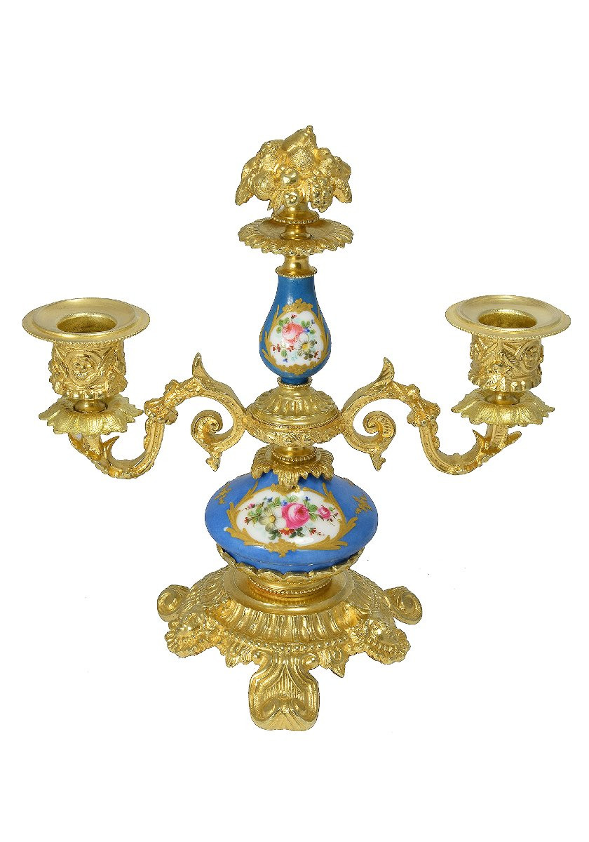Paire De Chandeliers Bronze Doré Et Porcelaine De Paris-photo-2