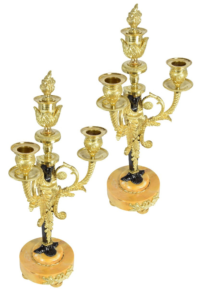 Pair Of Candlesticks "return From Egypt" 19th Century Empire Style-photo-4