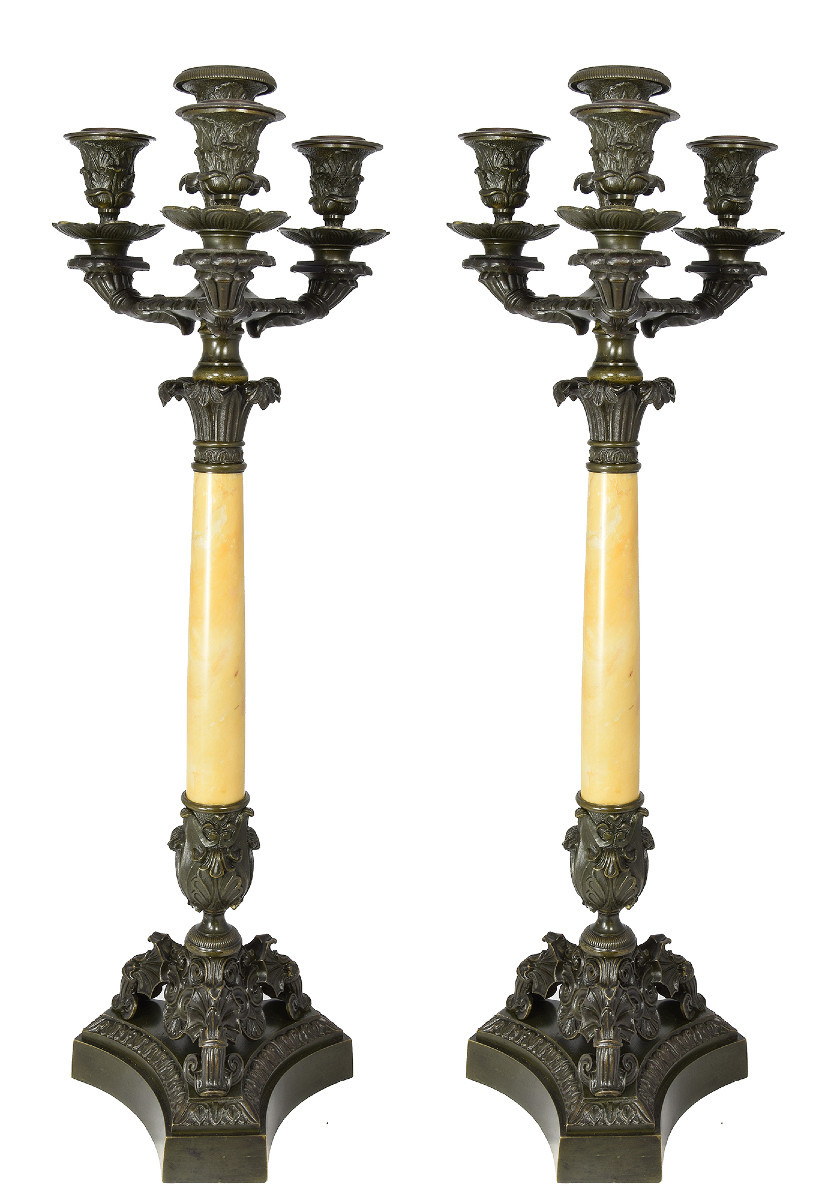 Pair Of Candlesticks Patinated Bronze Restauration 1820