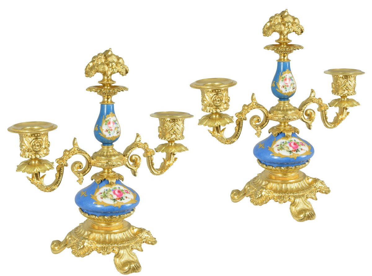 Pair Of Candlesticks Gilded Bronze And Paris Porcelain-photo-3
