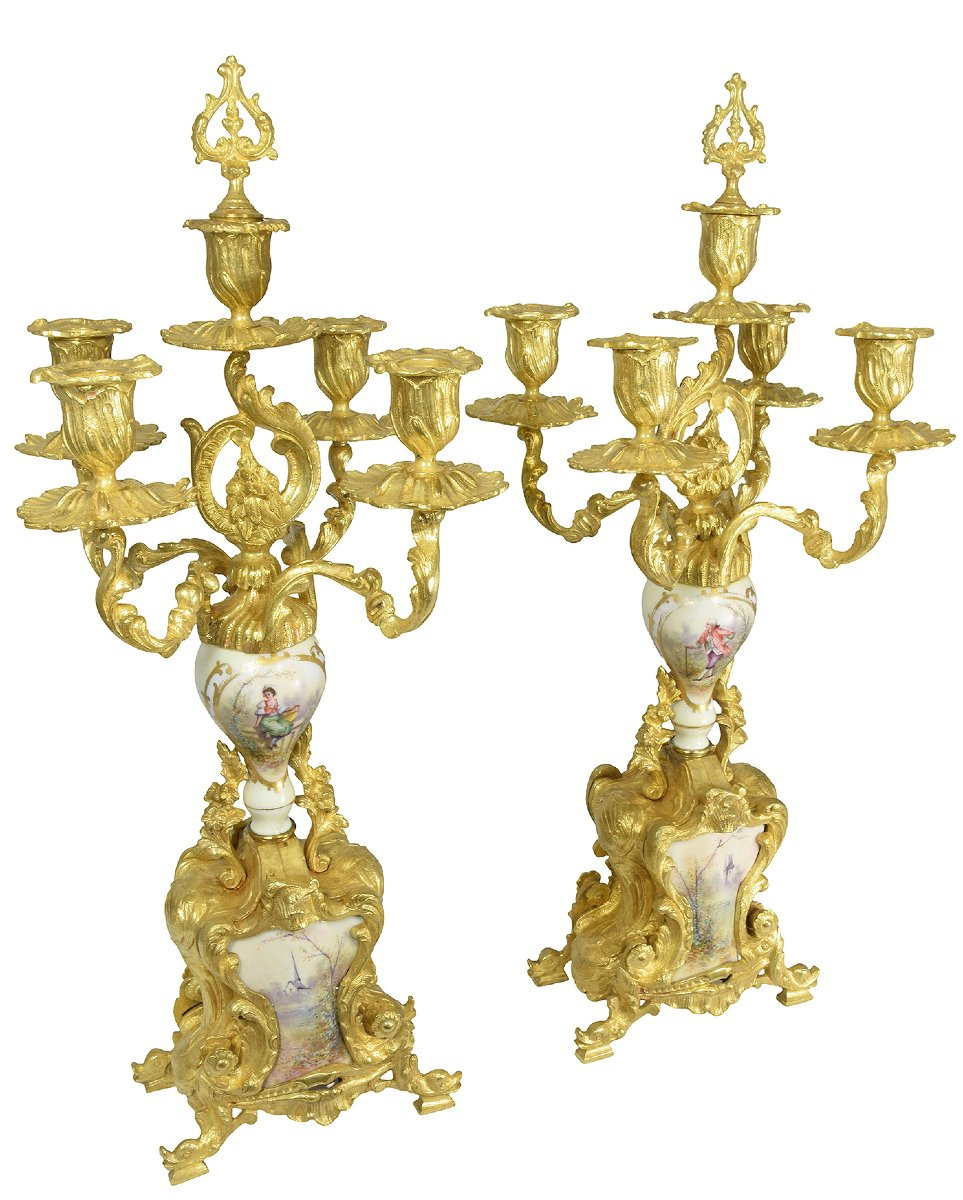 Candlestick Gilt Bronze And Porcelain Louis XV-photo-4