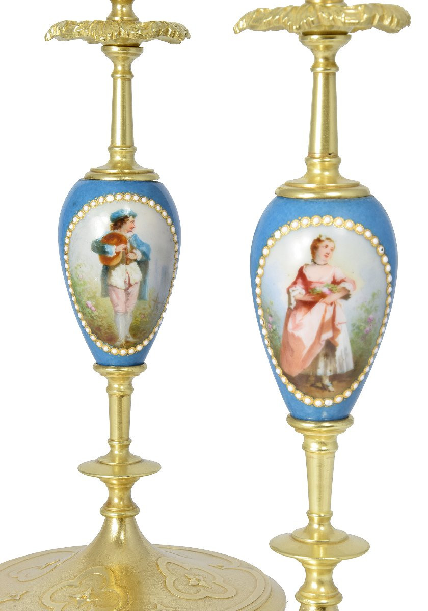 Pair Of Candle Gilded Bronze And Paris Porcelain-photo-3