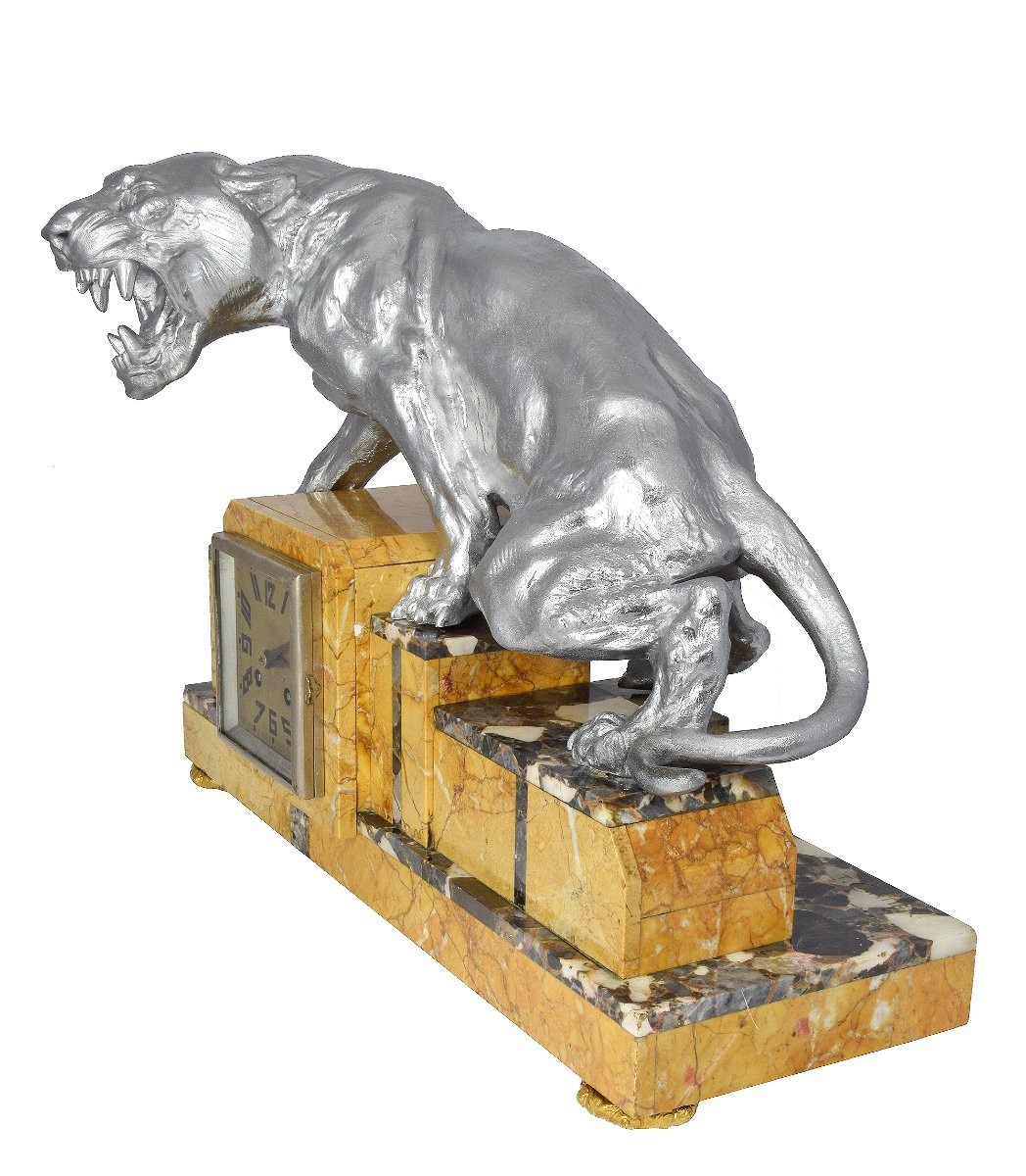 Clock Art Deco With Feline By T. Cartier-photo-4