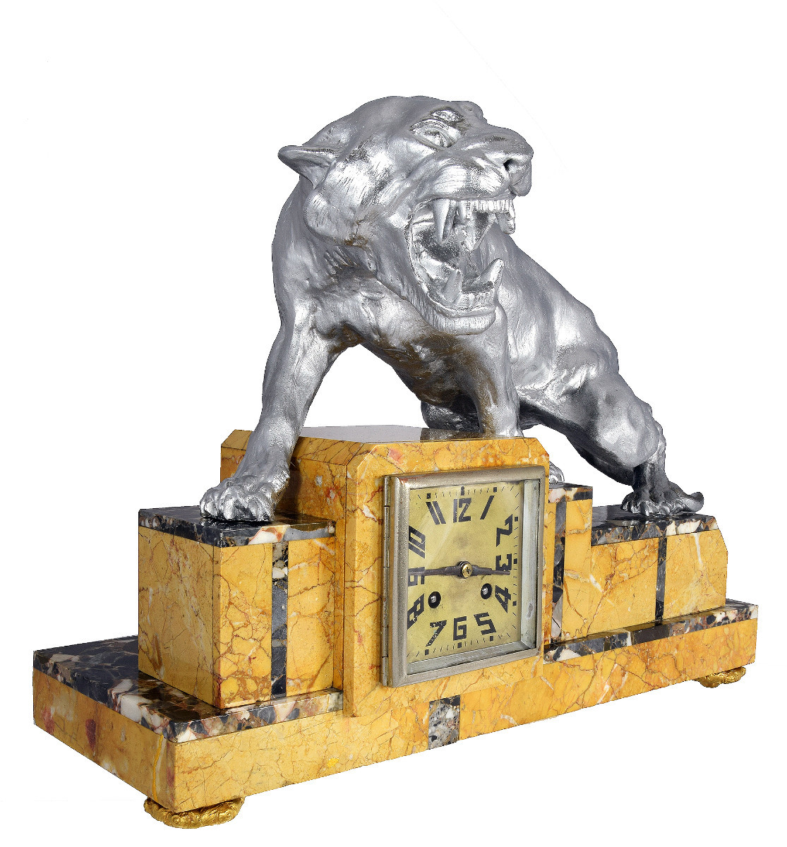 Clock Art Deco With Feline By T. Cartier