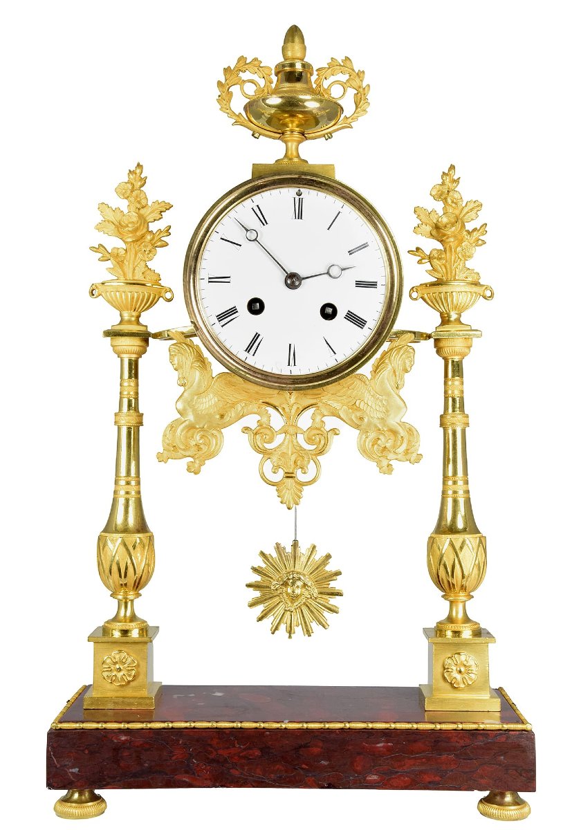 Pendule portique en bronze doré au mercure et marbre-photo-2