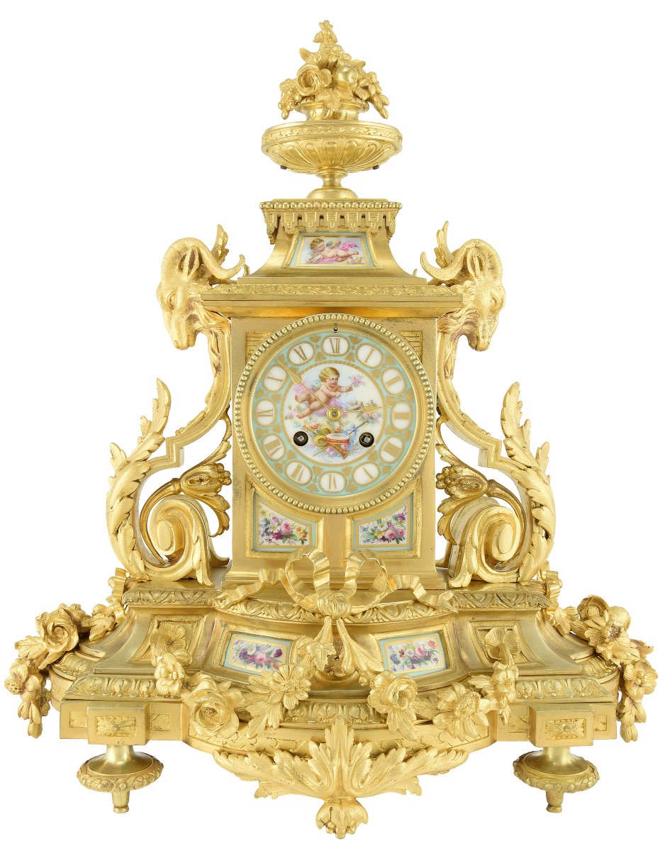 Clock With Ram's Heads And Paris Porcelain