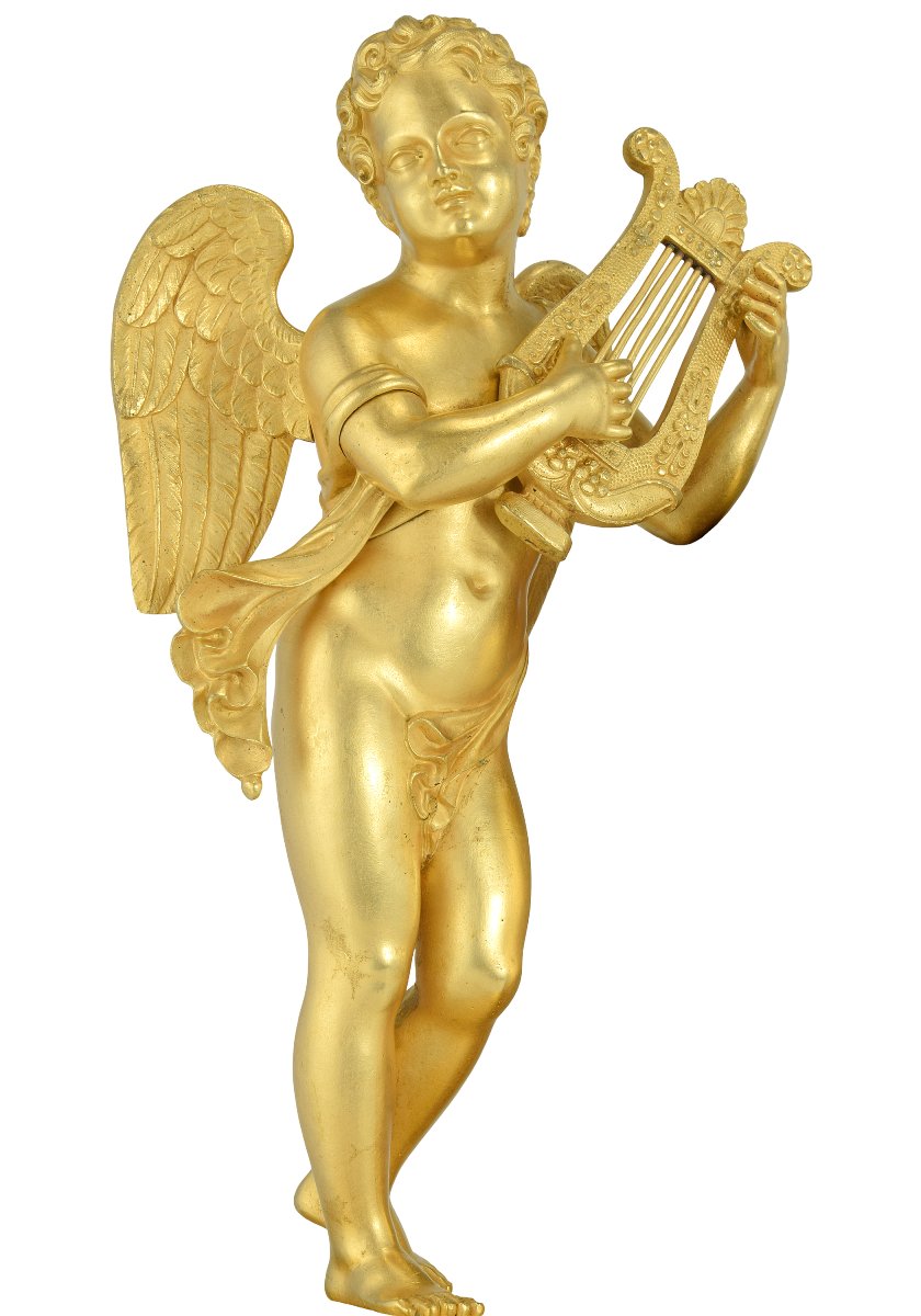 Pendule Amour musicien bronze doré au mercure à l'or-photo-4