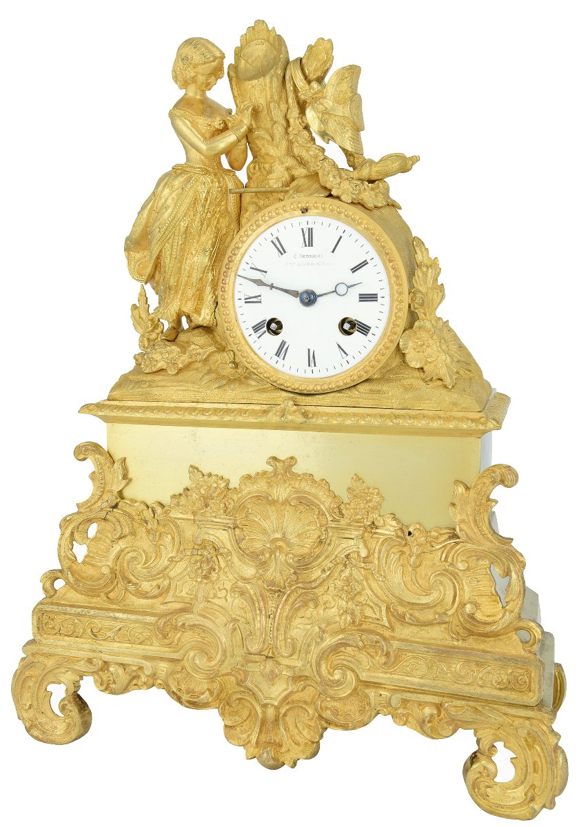 Clock “the Young Girl Engraving Her Initials” Detouche, Circa 1850-photo-2