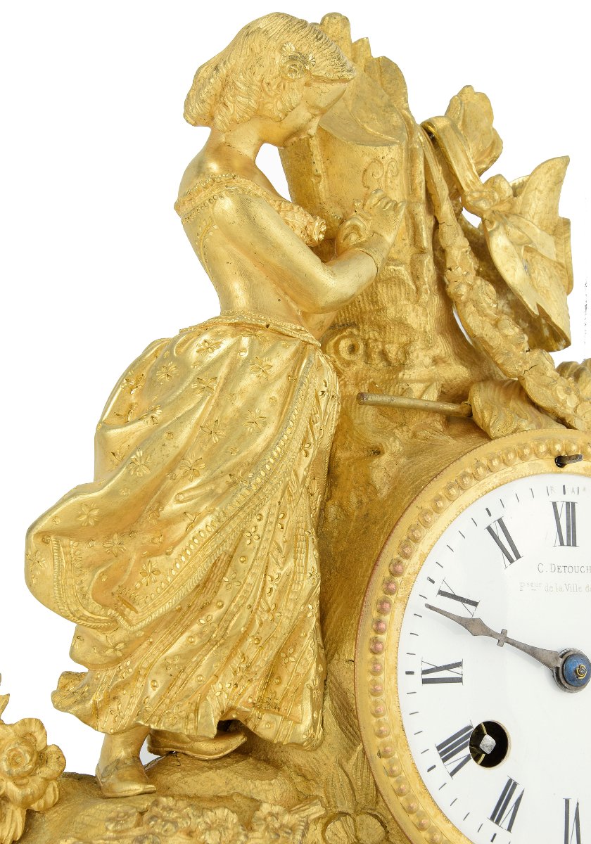 Clock “the Young Girl Engraving Her Initials” Detouche, Circa 1850-photo-2