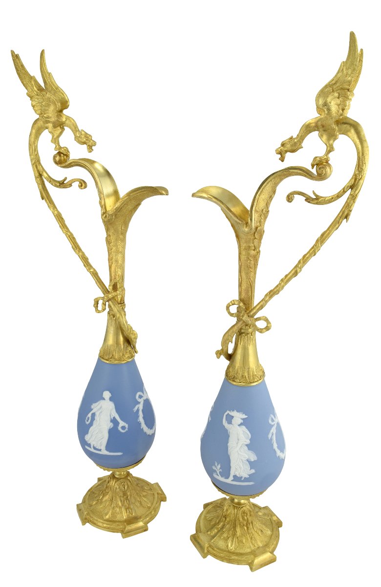 Large Pair Ewers 61cm Of Wedgwood And Gilt-bronze  -photo-4