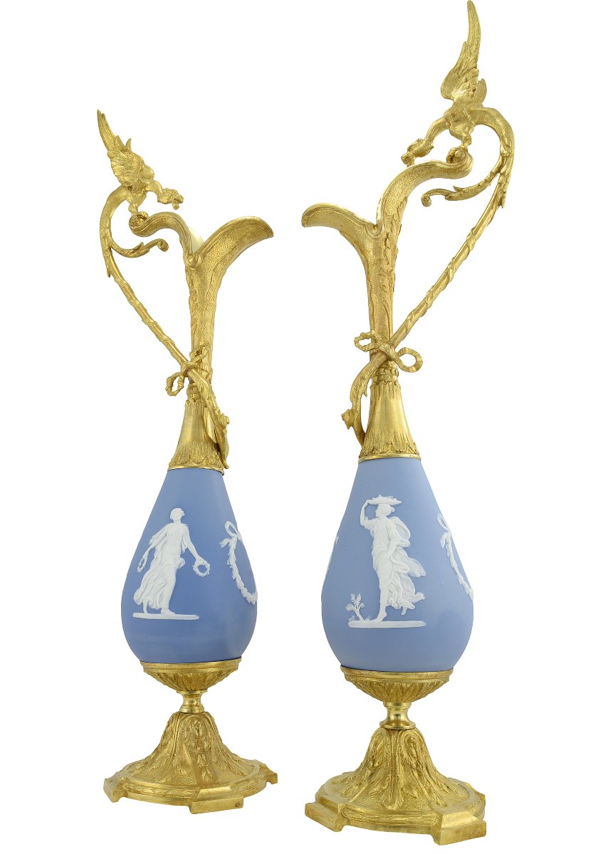 Large Pair Ewers 61cm Of Wedgwood And Gilt-bronze  