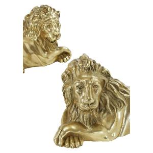 Paire De Lions Sculpture En Bronze Doré Napoléon III